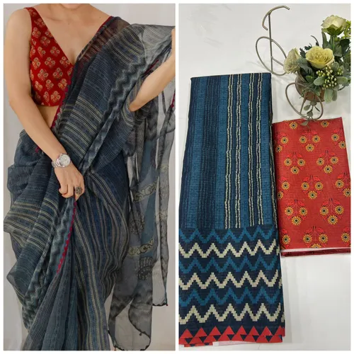 Soft Munga Kota Cotton Checks Saree with Beautiful Prints & Contrast Blouse